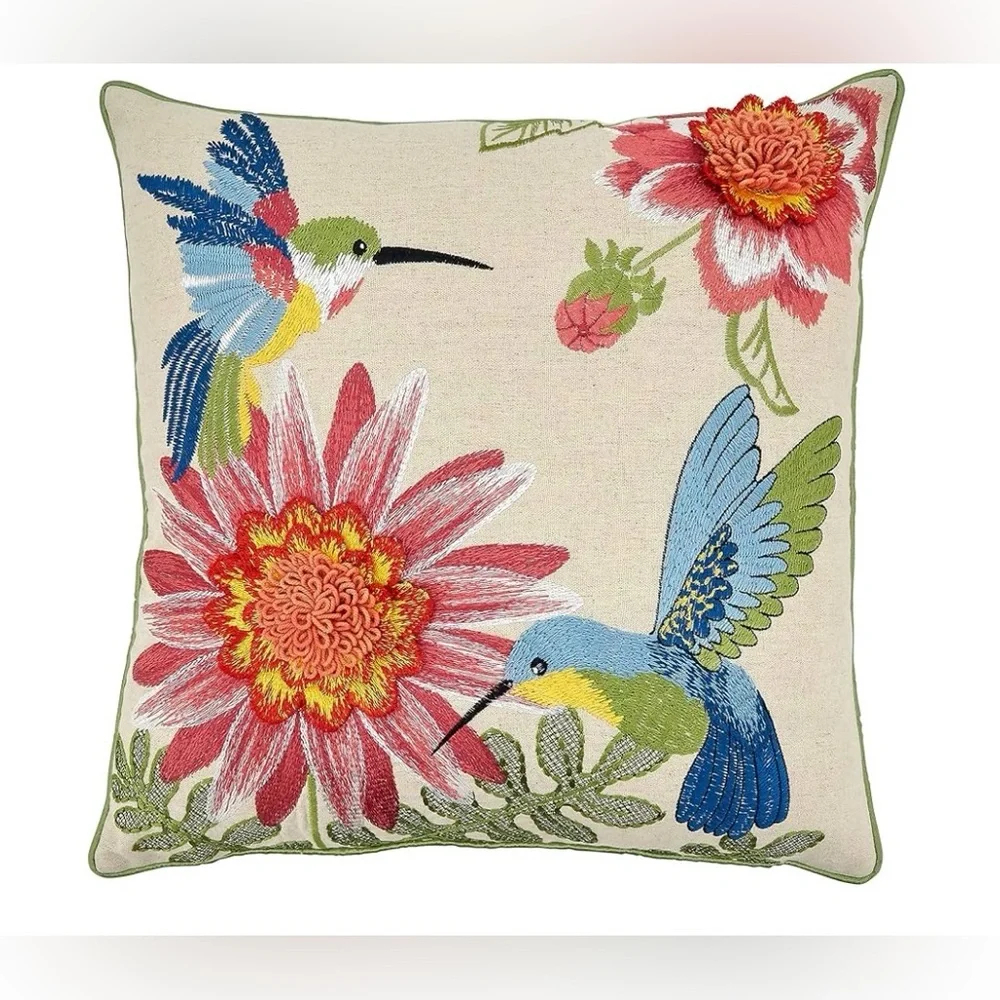 Pier 1 Decorative Embroidered Hummingbird Summer Tropical Throw Pillow - Picture 1 of 13